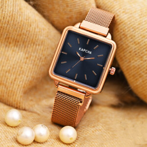 KAPCHA Women’s Analog Wrist Watch – Elegant Square Dial with Rose Gold Mesh Strap, Stylish Quartz (Black)