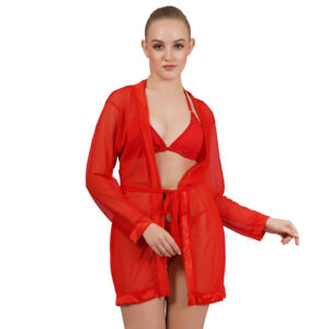 KAPCHA Women’s 3-Piece Red Nightwear Set – Bra, Panty & Robe Lingerie Set – Sexy Sleepwear for Women & Honeymoon Nightdress