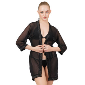 KAPCHA Women’s Sheer Nightwear Robe – Transparent Mesh Cover-Up with Satin Trim & Waist Tie | Lingerie Kimono for Women