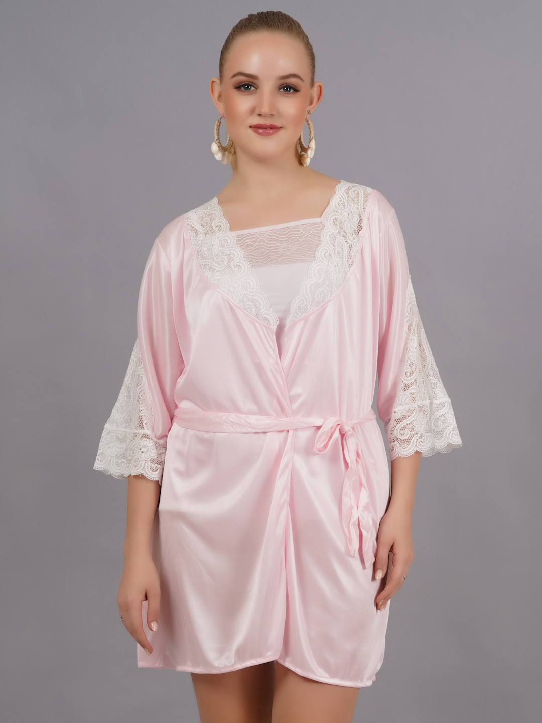KAPCHA Women’s Satin Nightwear Set with Lace Robe – 2 Piece Pink Nightdress with Satin Robe – Elegant Sleepwear & Loungewear for Women - Image 2