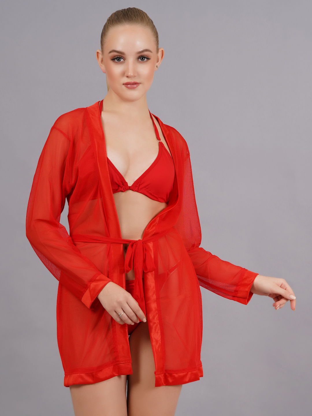 KAPCHA Women’s 3-Piece Red Nightwear Set – Bra, Panty & Robe Lingerie Set – Sexy Sleepwear for Women & Honeymoon Nightdress - Image 3