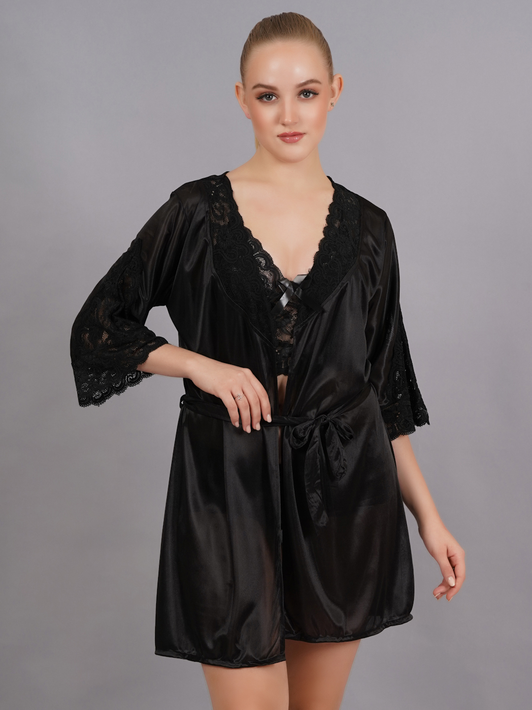 KAPCHA Women’s 3-Piece Nightwear Set – Sexy Lace Bralette, Shorts & Sheer Robe | Bridal Honeymoon Lingerie Set for Women Red - Image 3