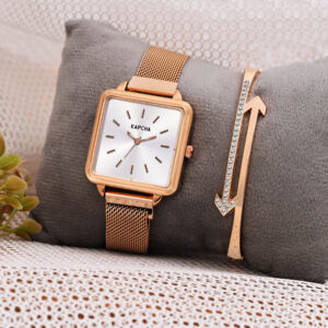 KAPCHA Women’s Rose Gold Square Watch and Bracelet Set – Minimalist Mesh Strap Quartz Watch with Matching Crystal Bangle – Elegant Gift Set