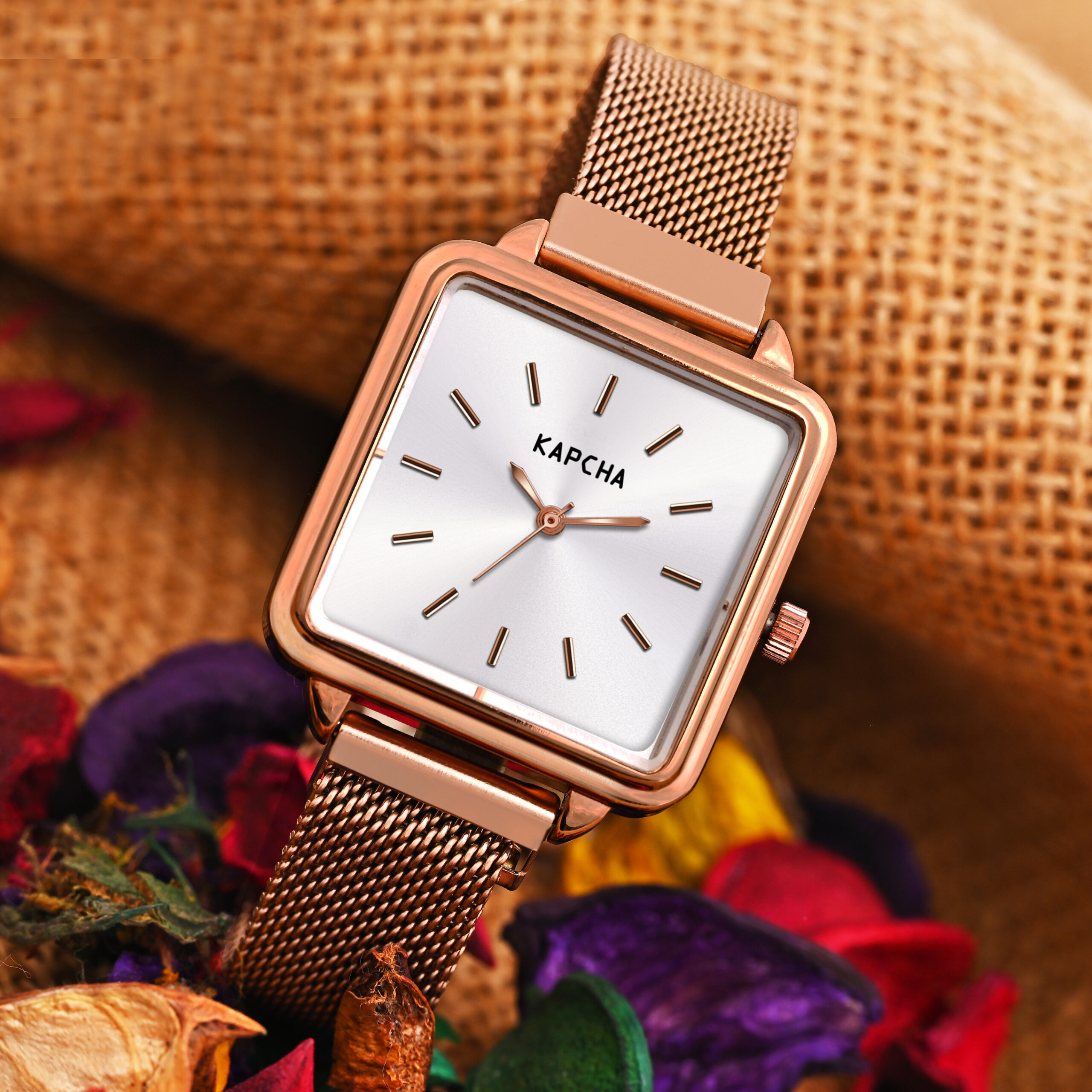 KAPCHA Women’s Analog Wrist Watch – Elegant Square Dial with Rose Gold Mesh Strap, Stylish Quartz (White)