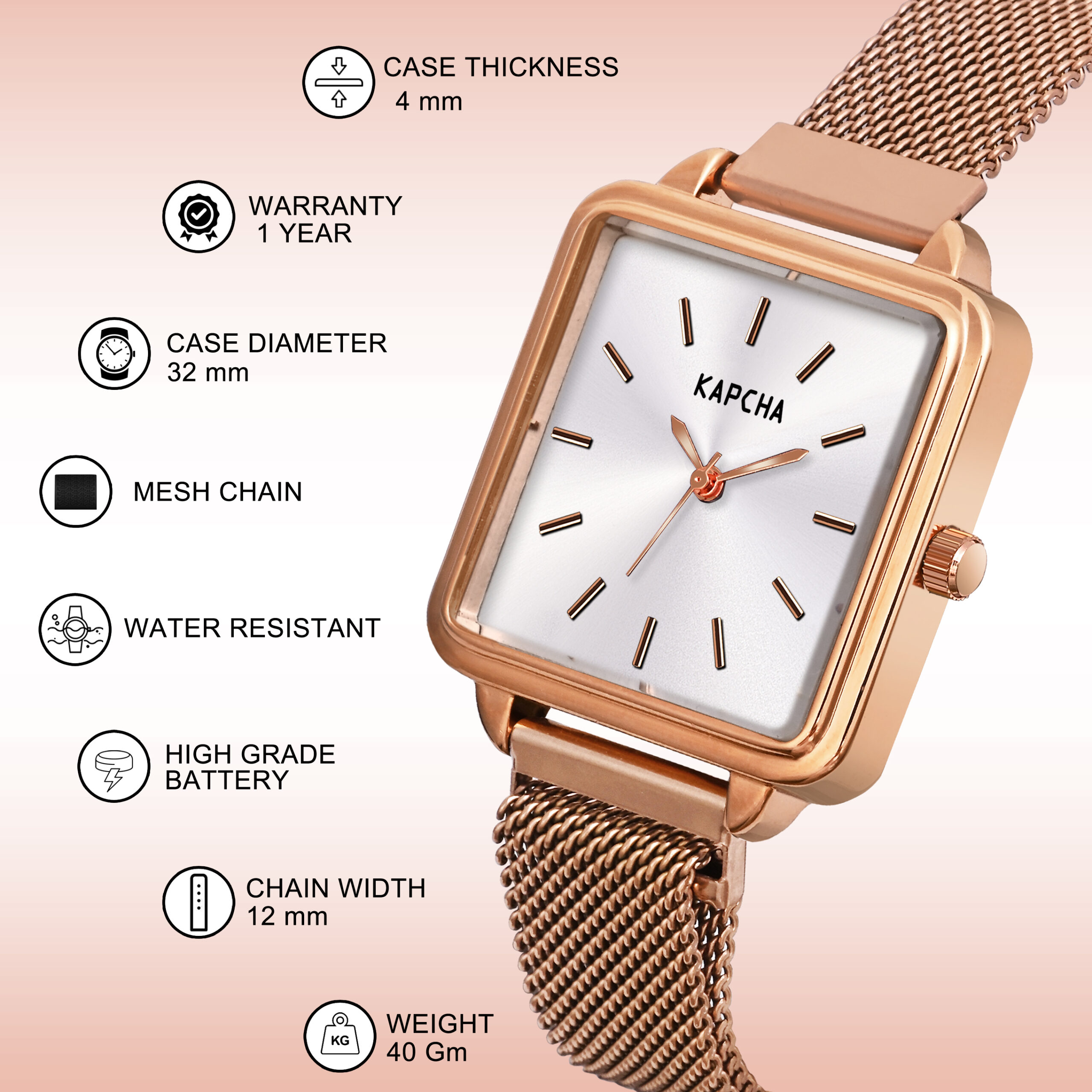 KAPCHA Women’s Analog Wrist Watch – Elegant Square Dial with Rose Gold Mesh Strap, Stylish Quartz (White) - Image 4