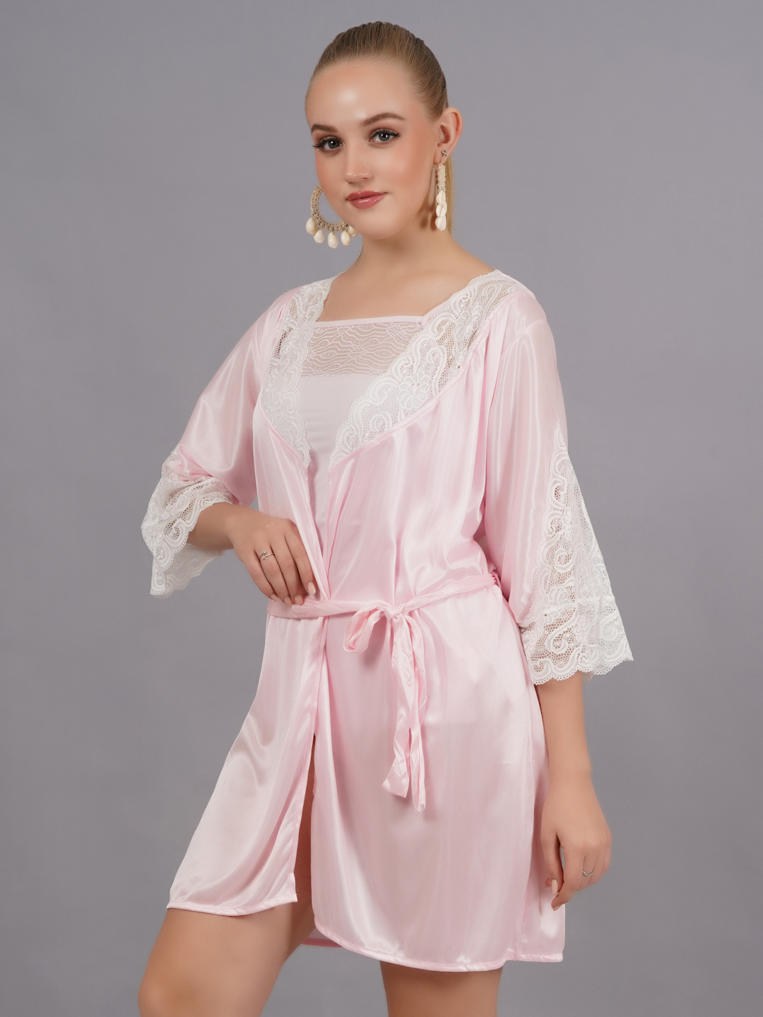 KAPCHA Women’s Satin Nightwear Set with Lace Robe – 2 Piece Pink Nightdress with Satin Robe – Elegant Sleepwear & Loungewear for Women - Image 3