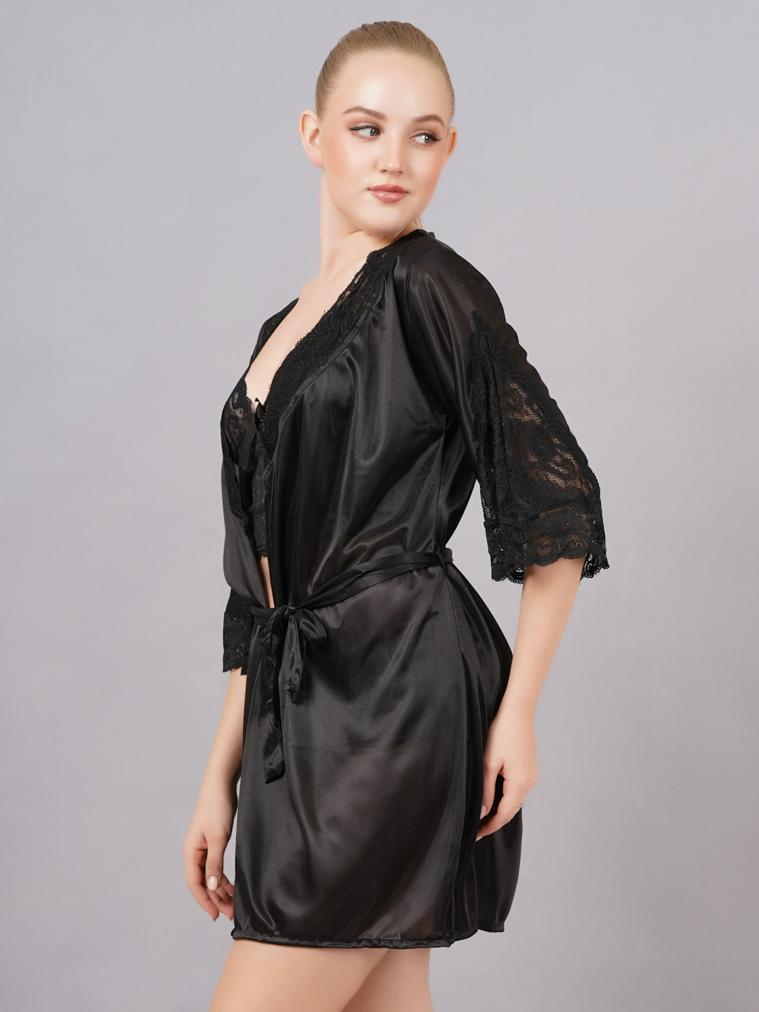 KAPCHA Women’s 3-Piece Nightwear Set – Sexy Lace Bralette, Shorts & Sheer Robe | Bridal Honeymoon Lingerie Set for Women Red - Image 4