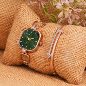 KAPCHA Women’s Rose Gold Watch and Bracelet Set – Green Floral Dial Quartz Dress Watch with Crystal Bangle – Gift Set