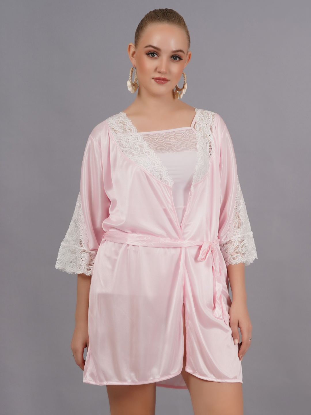 KAPCHA Women’s Satin Nightwear Set with Lace Robe – 2 Piece Pink Nightdress with Satin Robe – Elegant Sleepwear & Loungewear for Women - Image 4