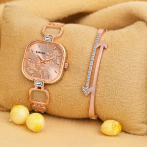 KAPCHA Women’s Rose Gold Watch and Bracelet Set – Floral Dial Quartz Dress Watch with Crystal Bangle – Elegant Luxury Gift Set