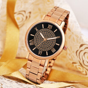 KAPCHA Women’s Analog Wrist Watch – Luxury Rose Gold Metal Strap, Roman Numerals & Crystal Detailing – Stylish Quartz Watch (Black)