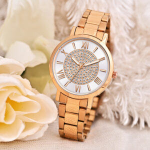 KAPCHA Women’s Analog Wrist Watch – Luxury Rose Gold Metal Strap, Roman Numerals & Crystal Detailing – Stylish Quartz Watch (White)