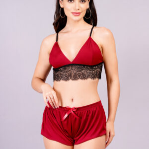 KAPCHA Women’s Satin & Lace Nightwear Set – Red Bralette Top with Black Lace & Matching Shorts | Sexy Sleepwear & Loungewear