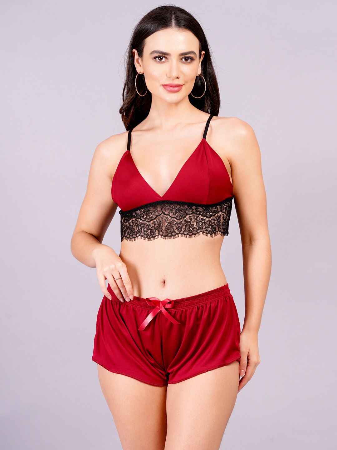 KAPCHA Women’s Satin & Lace Nightwear Set – Red Bralette Top with Black Lace & Matching Shorts | Sexy Sleepwear & Loungewear