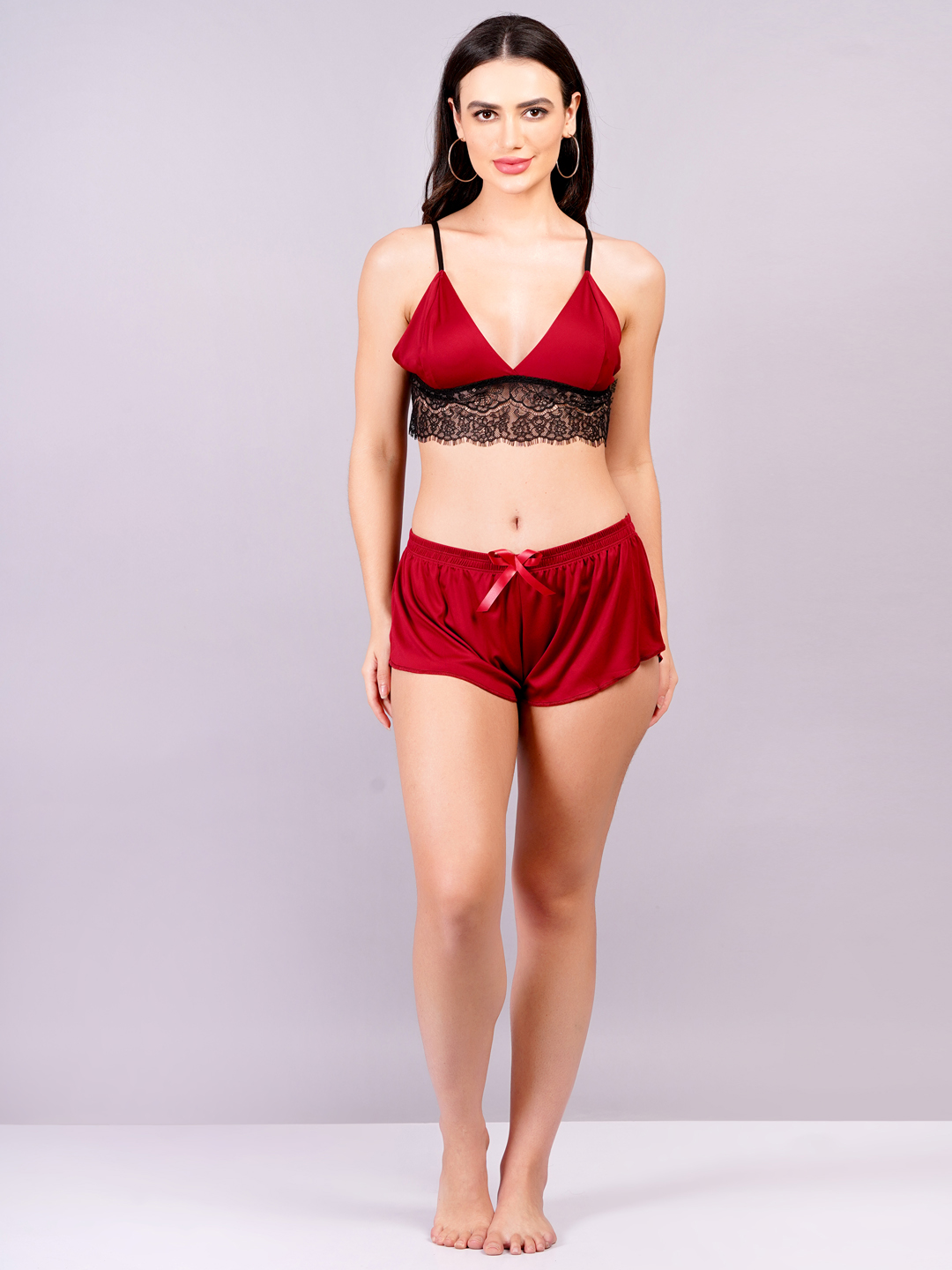 KAPCHA Women’s Satin & Lace Nightwear Set – Red Bralette Top with Black Lace & Matching Shorts | Sexy Sleepwear & Loungewear - Image 2