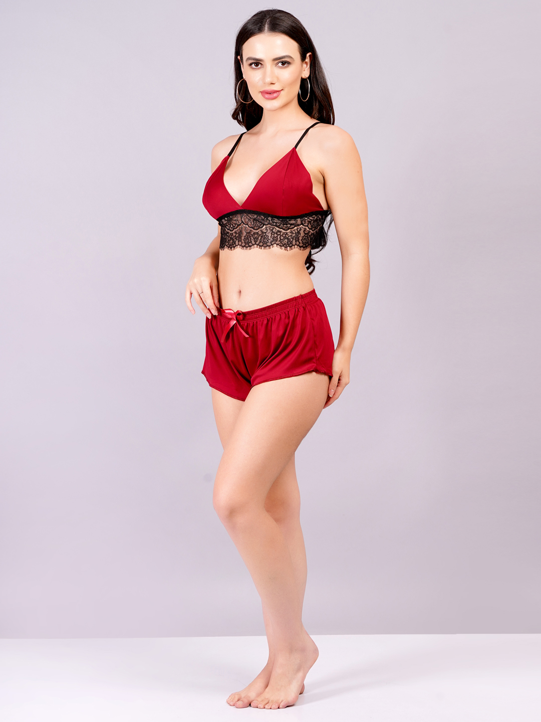 KAPCHA Women’s Satin & Lace Nightwear Set – Red Bralette Top with Black Lace & Matching Shorts | Sexy Sleepwear & Loungewear - Image 3