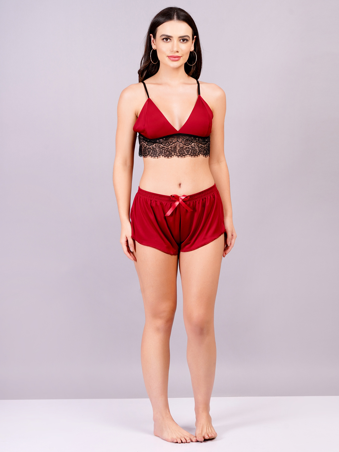 KAPCHA Women’s Satin & Lace Nightwear Set – Red Bralette Top with Black Lace & Matching Shorts | Sexy Sleepwear & Loungewear - Image 6