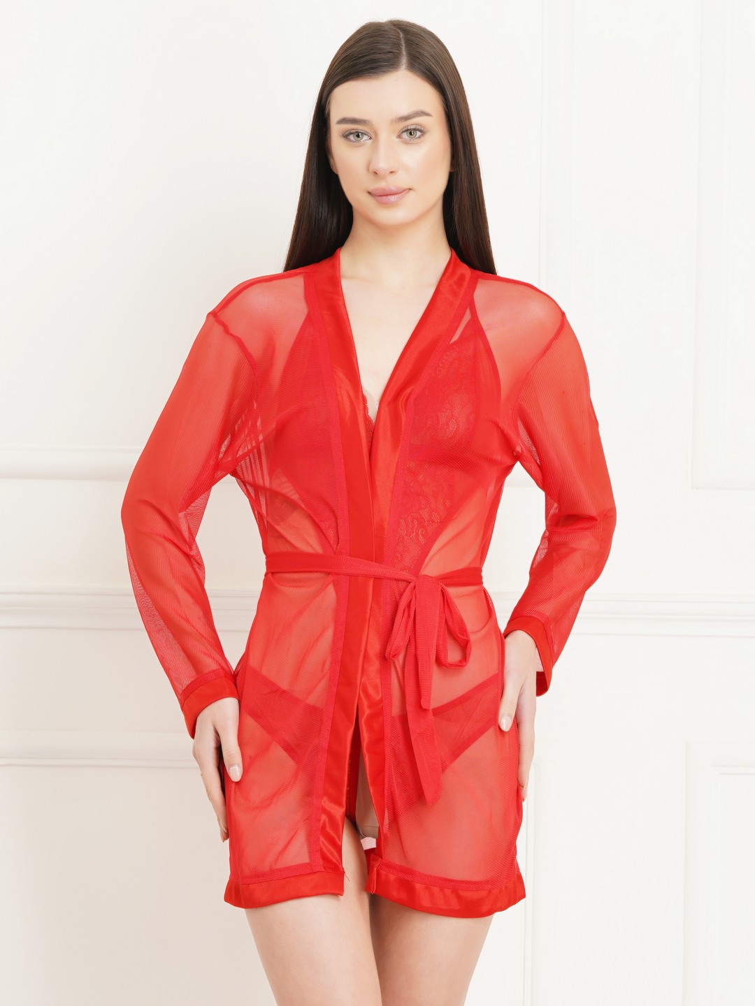 KAPCHA Women’s Red Lace Teddy with Sheer Robe – 2-Piece Sexy Lingerie Set for Women – Bridal Honeymoon Nightwear