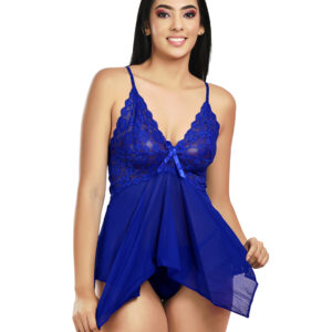 KAPCHA Women’s Sexy Royal Blue Lace with Sheer Mesh & Panty – Transparent Lingerie Nightwear for Bridal, Honeymoon & Romantic Evenings