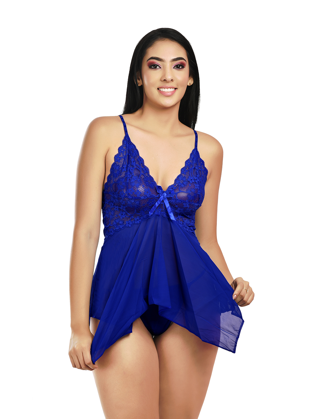 KAPCHA Women’s Sexy Royal Blue Lace with Sheer Mesh & Panty – Transparent Lingerie Nightwear for Bridal, Honeymoon & Romantic Evenings