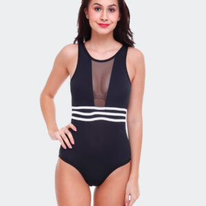 KAPCHA Women's Black Monokini Swimsuit with Mesh Panel, White Stripes, One-Piece Slimming Beachwear
