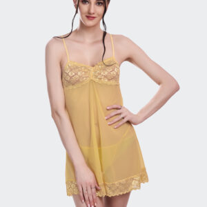 KAPCHA Women’s Yellow Sheer Lace with Matching Panty – Sexy Transparent Lingerie Nightwear for Honeymoon, Bridal & Romantic Evenings