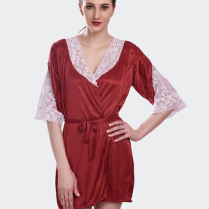 KAPCHA Women's Satin Nightwear Robe, Short Nightdress with Lace Trim, Belt