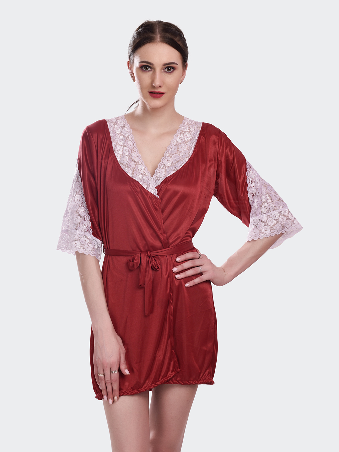 KAPCHA Women's Satin Nightwear Robe, Short Nightdress with Lace Trim, Belt