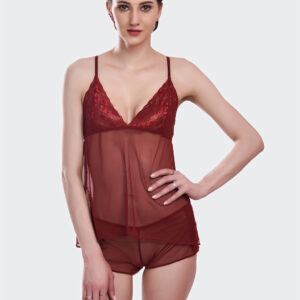 KAPCHA Women's Lace Camisole Nightwear Set, Wine Red, Sheer Mesh Lingerie Top with Shorts