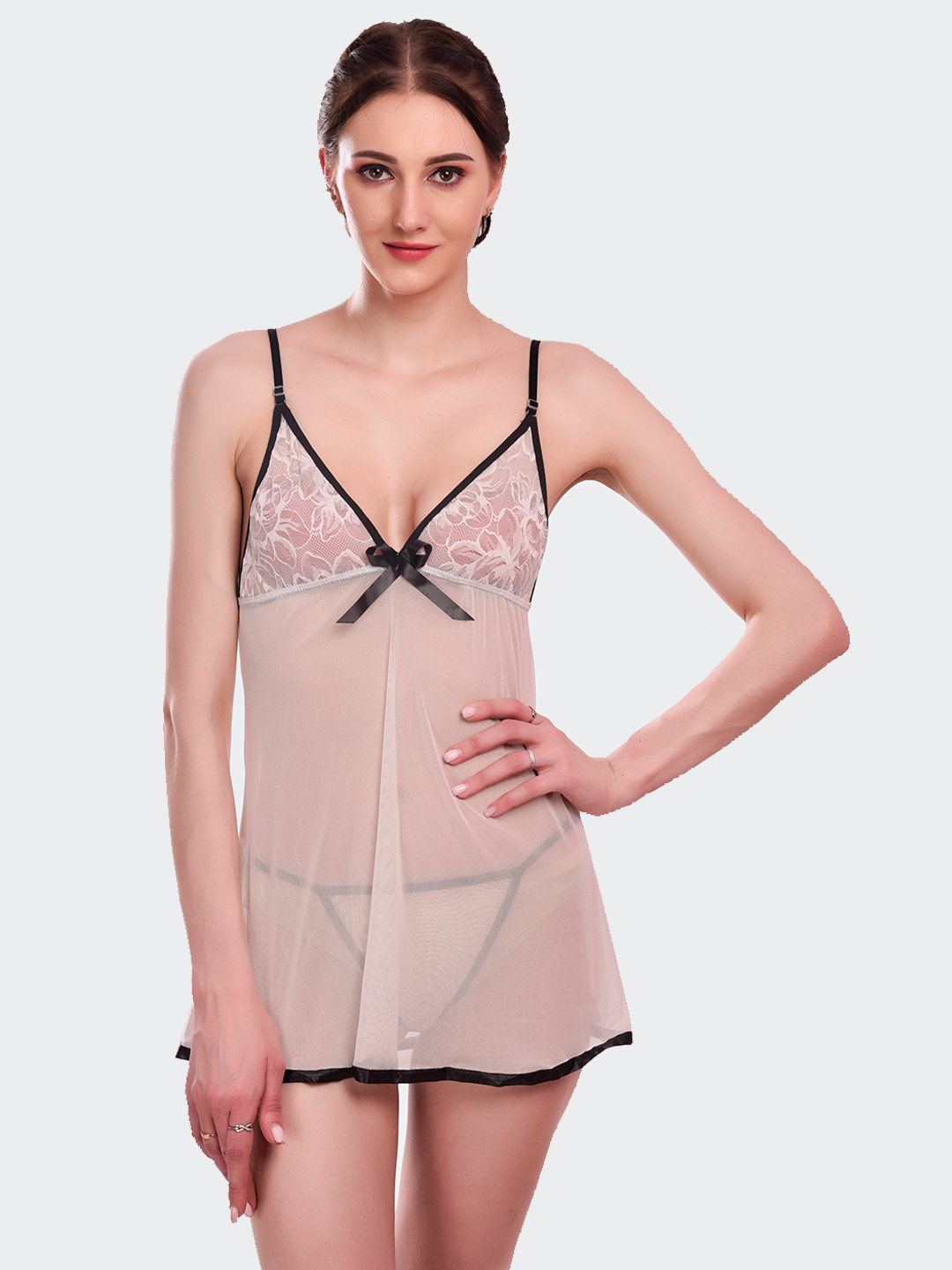 KAPCHA Women’s Sheer Beige with Black Bow & Matching Panty – Sexy Transparent Lingerie Nightwear for Honeymoon, Bridal & Romantic Nights