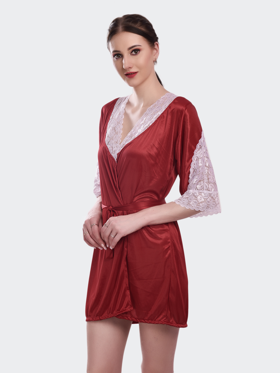 KAPCHA Women's Satin Nightwear Robe, Short Nightdress with Lace Trim, Belt - Image 2