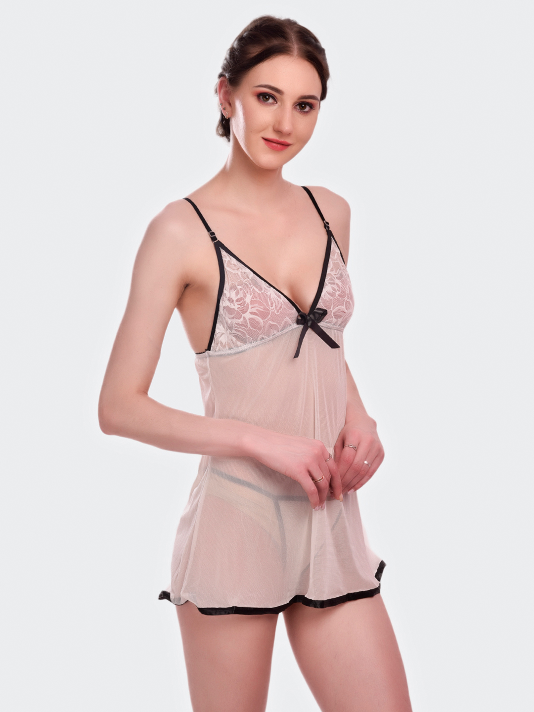 KAPCHA Women’s Sheer Beige with Black Bow & Matching Panty – Sexy Transparent Lingerie Nightwear for Honeymoon, Bridal & Romantic Nights - Image 2