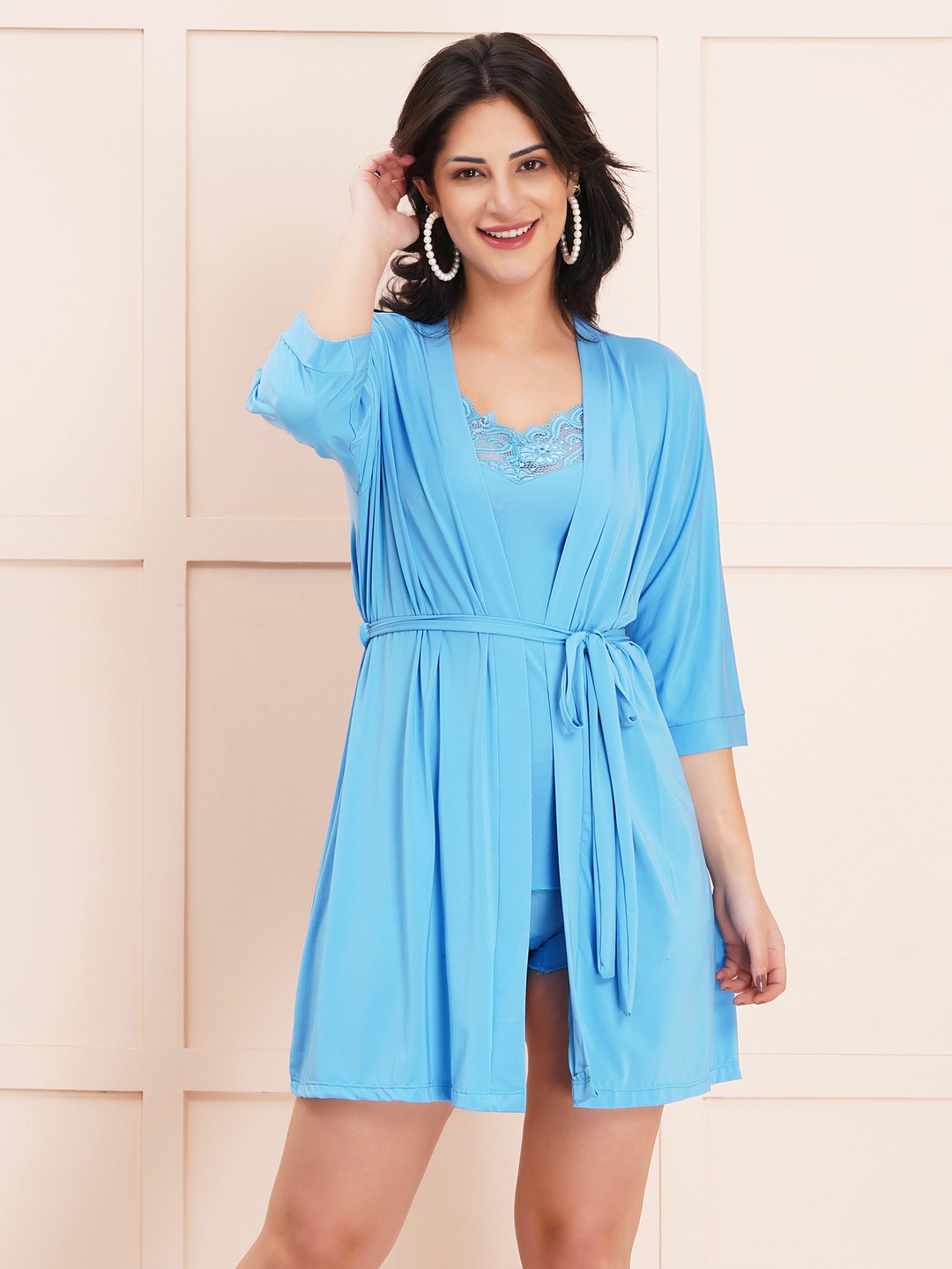 KAPCHA Women’s Sky Blue Satin Nightdress with Robe – 2-Piece Satin Nightwear Set with Lace Detail – Bridal & Honeymoon Lingerie - Image 3