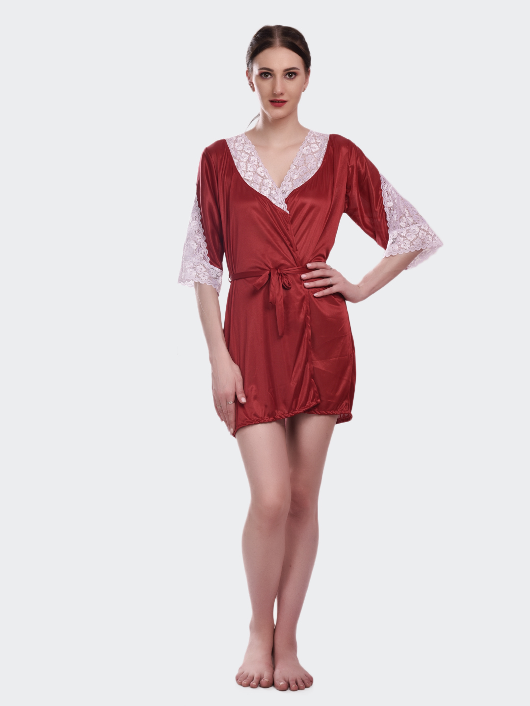 KAPCHA Women's Satin Nightwear Robe, Short Nightdress with Lace Trim, Belt - Image 3