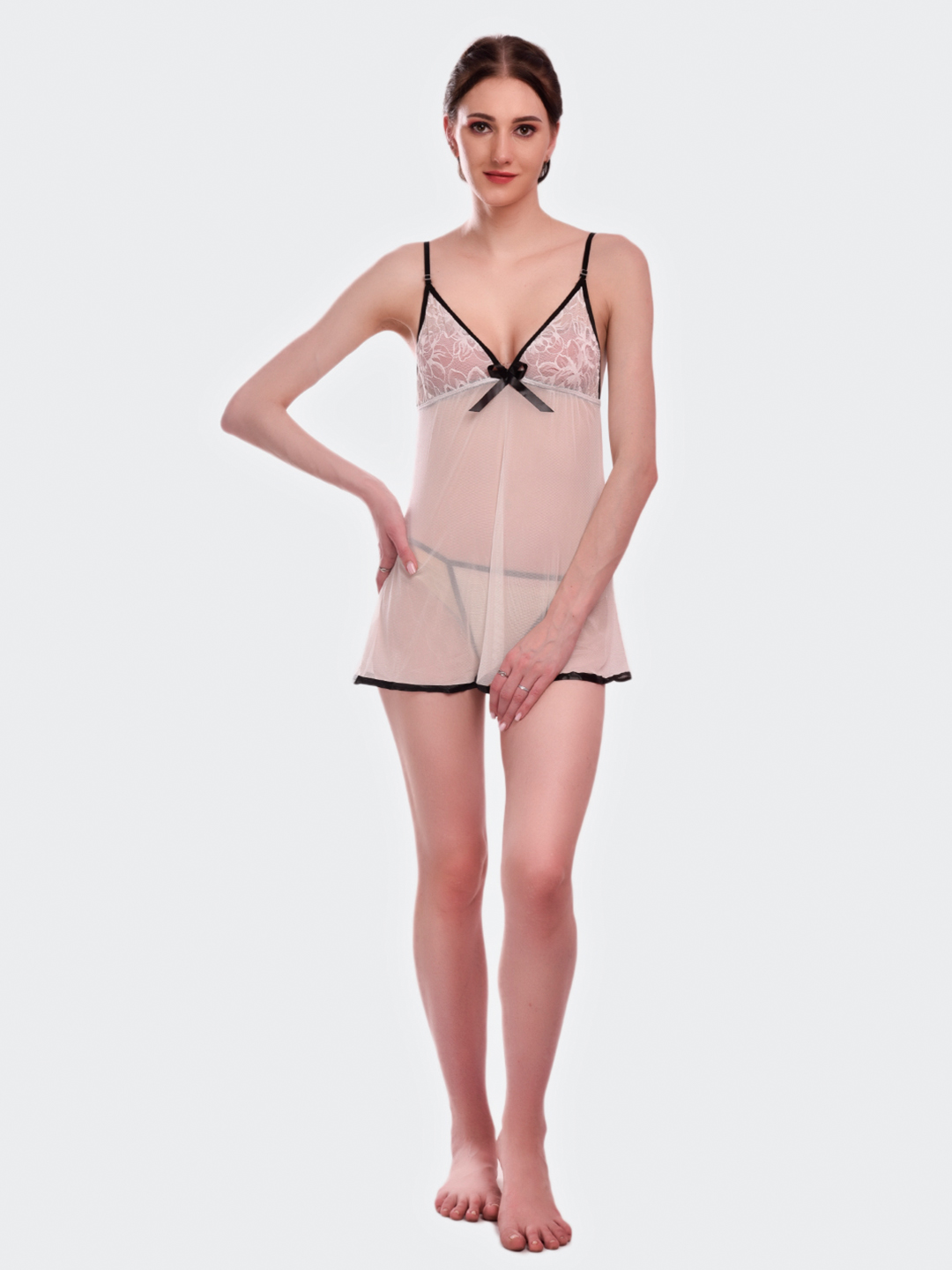 KAPCHA Women’s Sheer Beige with Black Bow & Matching Panty – Sexy Transparent Lingerie Nightwear for Honeymoon, Bridal & Romantic Nights - Image 3