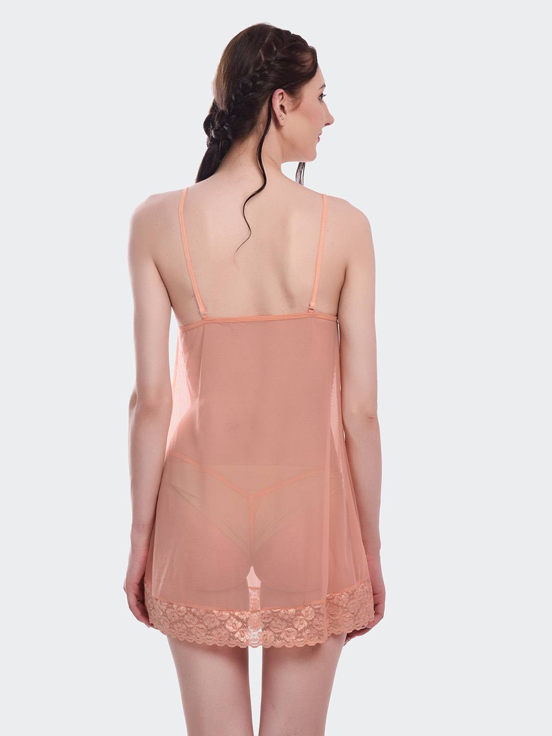 KAPCHA Women’s Peach Sheer Lace with Matching Panty – Sexy Transparent Nightwear for Honeymoon, Bridal & Romantic Nights - Image 4