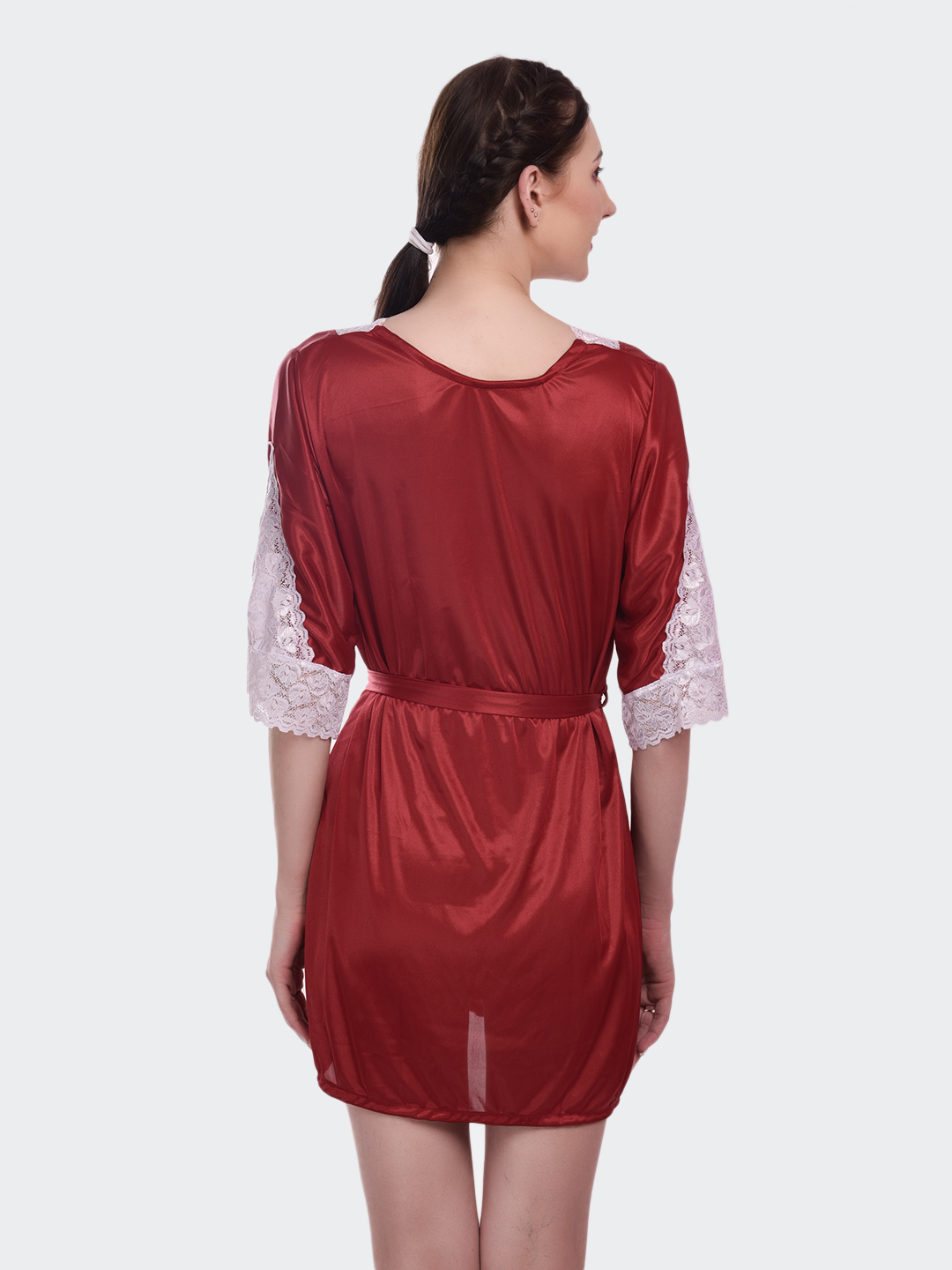 KAPCHA Women's Satin Nightwear Robe, Short Nightdress with Lace Trim, Belt - Image 4