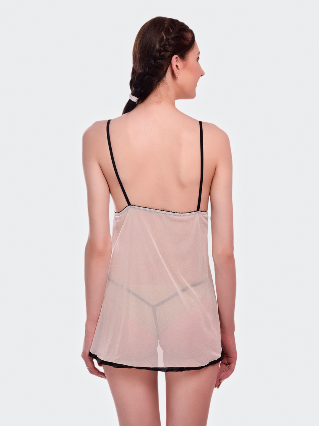 KAPCHA Women’s Sheer Beige with Black Bow & Matching Panty – Sexy Transparent Lingerie Nightwear for Honeymoon, Bridal & Romantic Nights - Image 4