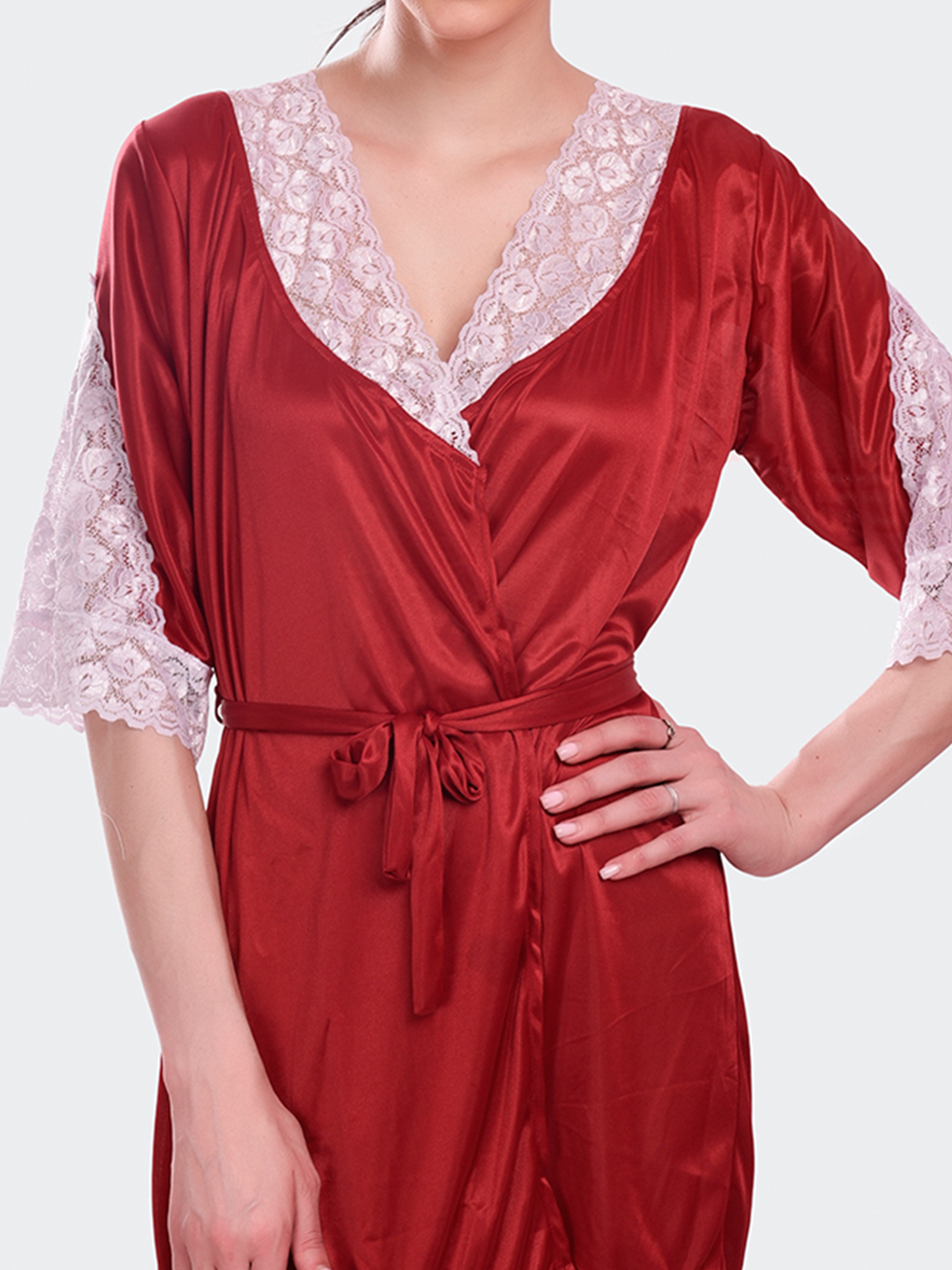 KAPCHA Women's Satin Nightwear Robe, Short Nightdress with Lace Trim, Belt - Image 5