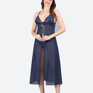 KAPCHA Women’s Long Lingerie Set – Sheer Mesh Nighty with Lace Bra & Matching Panty for Honeymoon, Bridal & Romantic Nights Red