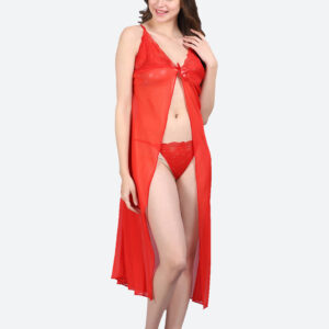 KAPCHA Women's Sheer Lace Nightwear Set with Bra, Panty and Long Robe, Red