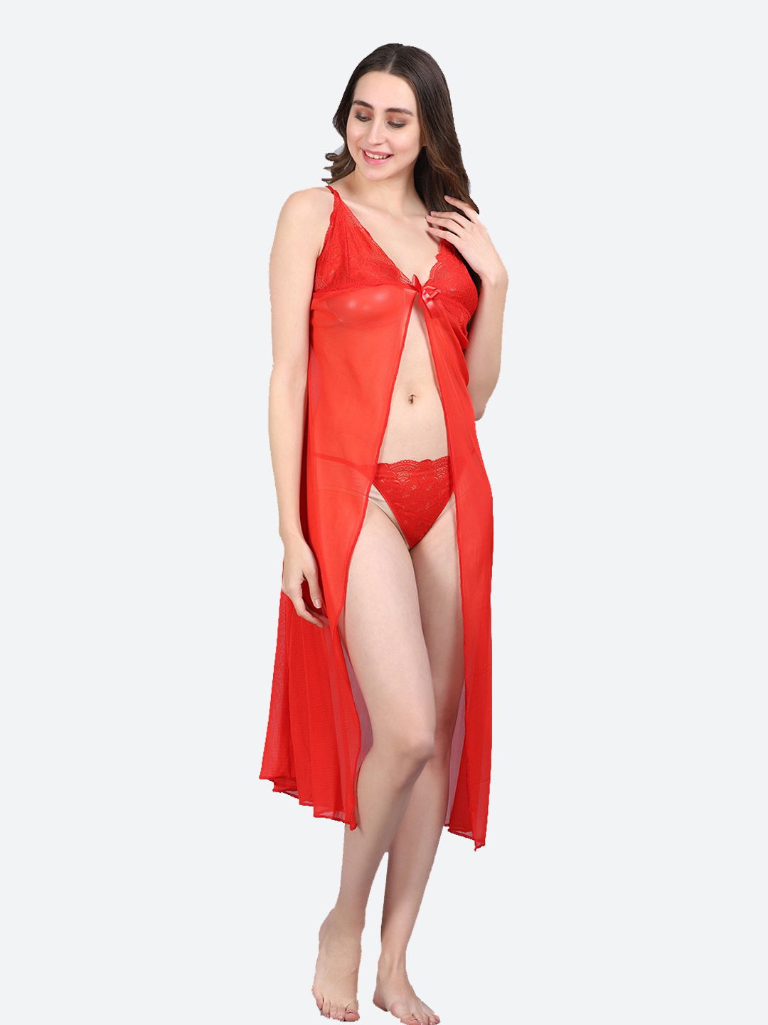 KAPCHA Women's Sheer Lace Nightwear Set with Bra, Panty and Long Robe, Red