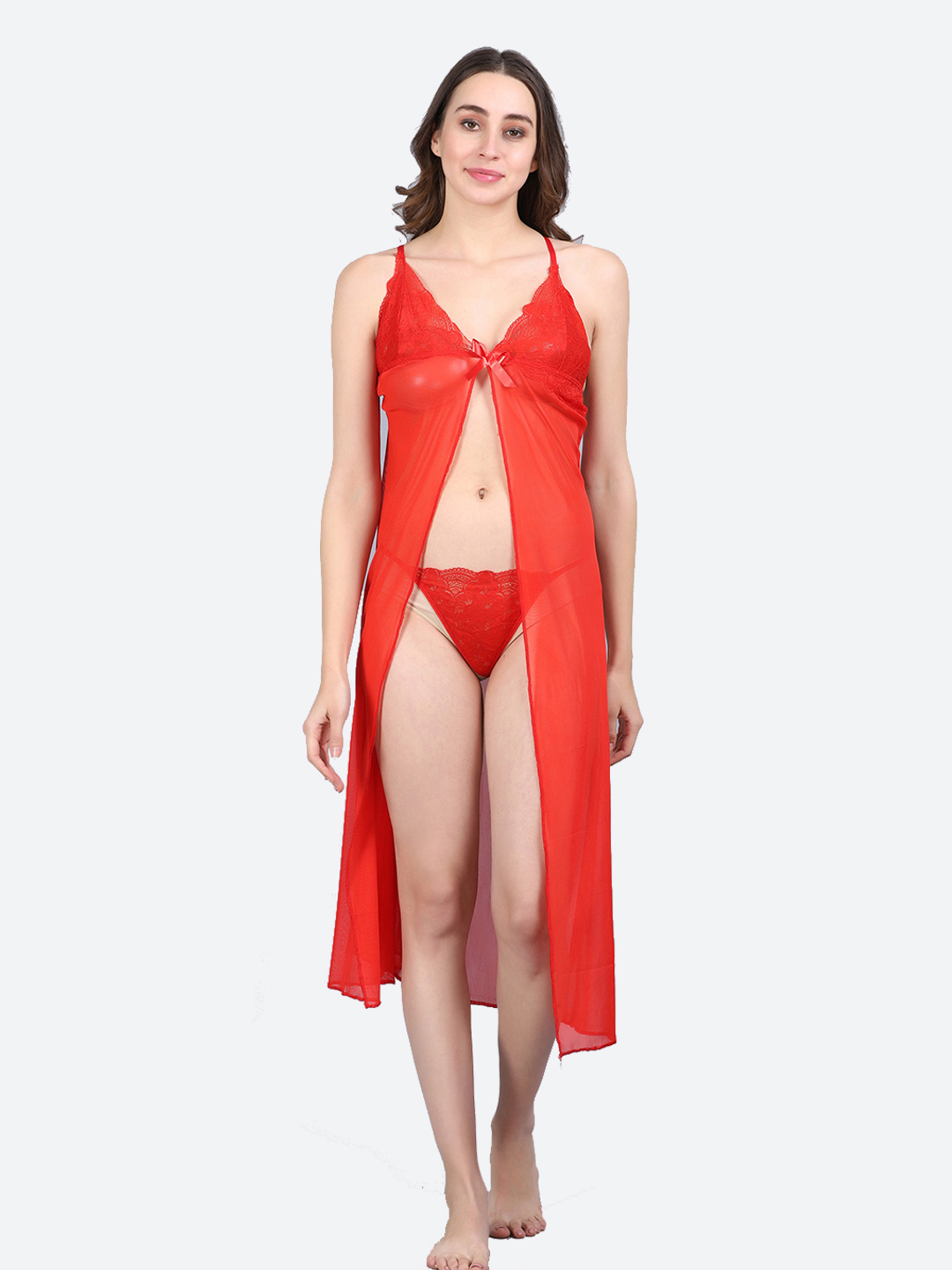 KAPCHA Women's Sheer Lace Nightwear Set with Bra, Panty and Long Robe, Red - Image 2