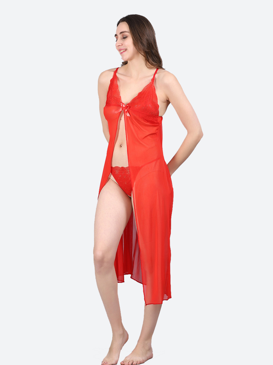 KAPCHA Women's Sheer Lace Nightwear Set with Bra, Panty and Long Robe, Red - Image 3