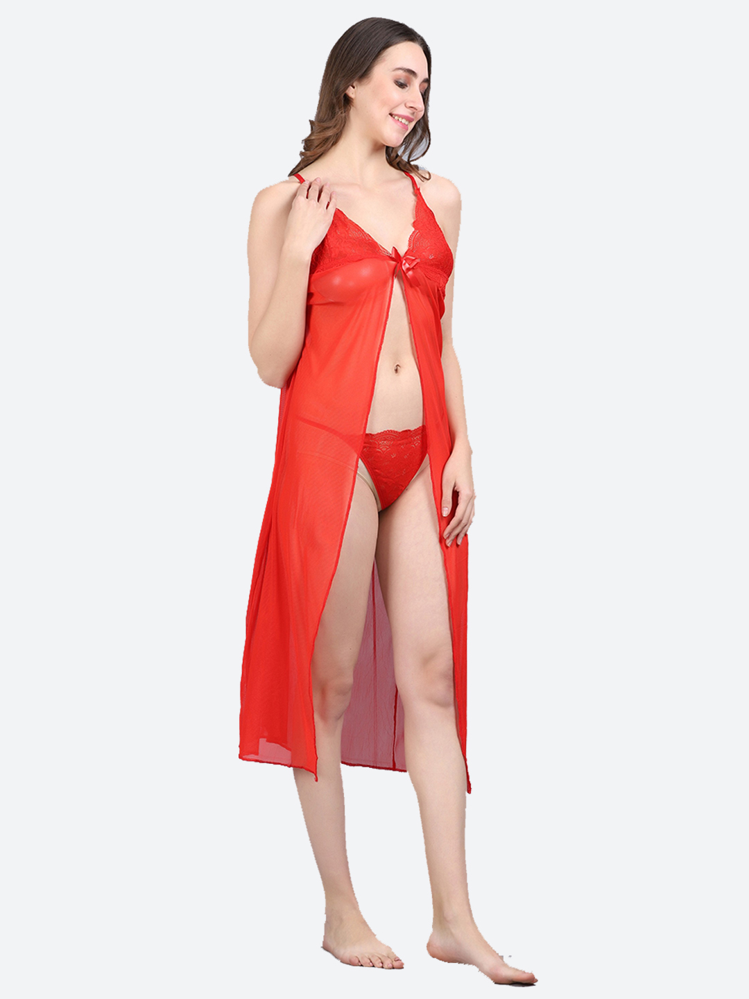 KAPCHA Women's Sheer Lace Nightwear Set with Bra, Panty and Long Robe, Red - Image 4