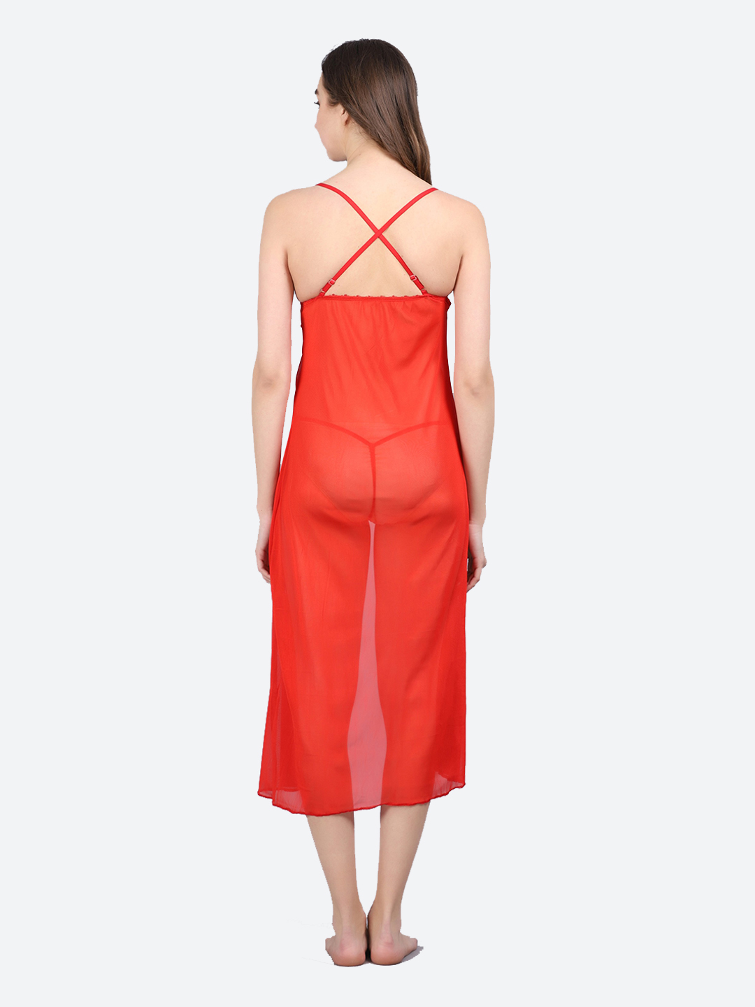 KAPCHA Women's Sheer Lace Nightwear Set with Bra, Panty and Long Robe, Red - Image 6