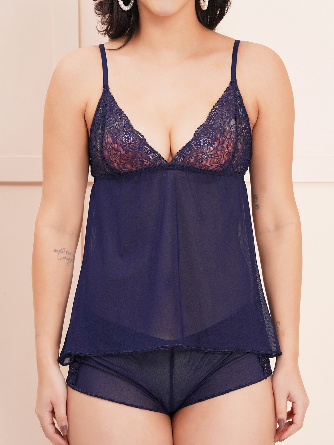 KAPCHA Women’s Navy Blue Sheer Lace with Matching Panty – Sexy Transparent Lingerie Nightwear for Honeymoon & Bridal Nights - Image 5