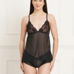 KAPCHA Women’s Black Sheer Lace Babydoll Lingerie Set with Matching Panty – Sexy Transparent Nightwear for Honeymoon & Bridal Nights