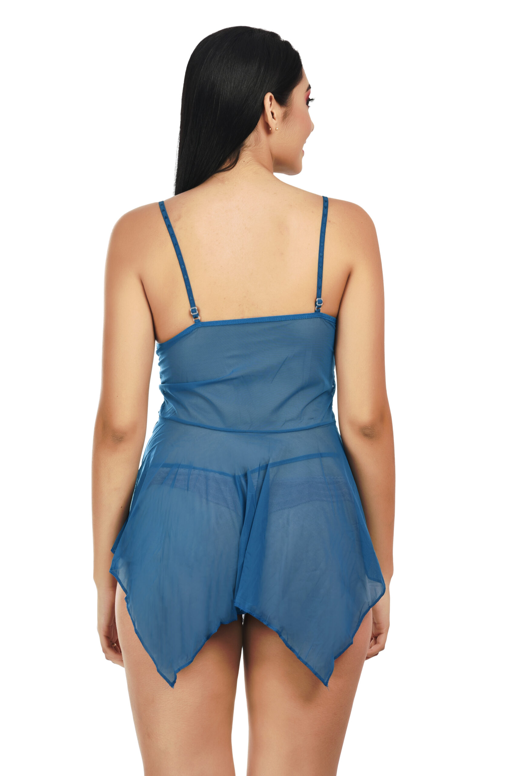 KAPCHA Women’s Sexy Teal Blue Lace with Sheer Mesh & Panty – Transparent Lingerie Nightwear for Bridal, Honeymoon & Romantic Nights - Image 3