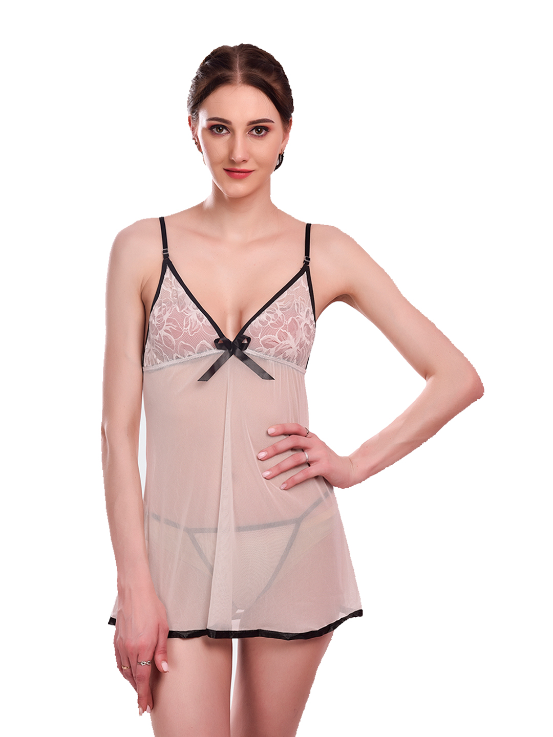 KAPCHA Women’s Sheer Beige with Black Bow & Matching Panty – Sexy Transparent Lingerie Nightwear for Honeymoon, Bridal & Romantic Nights - Image 6